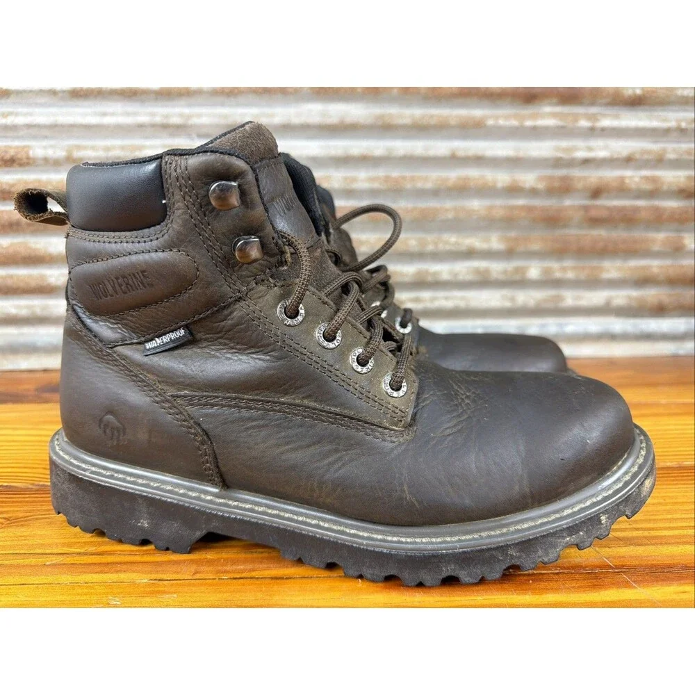 Wolverine Waterproof Brown Leather Lace Up Men's Soft Toe Work Boots Sz 9EW